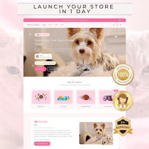 May include: A website mockup for PawJoy Studio, a pet supply store, with a pink and white colour scheme. The site features a photo of a dog, product categories, and the text "LAUNCH YOUR STORE IN 1 DAY."