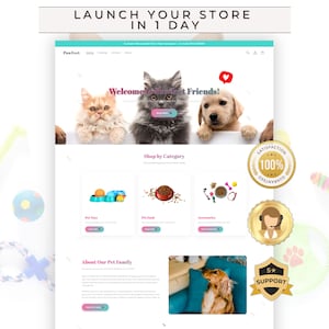 Könnte beinhalten: Eine Website-Homepage für einen Tierladen mit dem Text "LAUNCH YOUR STORE IN 1 DAY". Die Seite zeigt Bilder einer Katze, eines Kätzchens und eines Welpen. Kategorien sind Spielzeug, Futter und Zubehör für Haustiere. Ein "Satisfaction Guaranteed"-Abzeichen ist ebenfalls sichtbar.