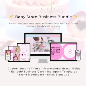 Op de afbeelding: Een roze en witte digitale marketingbundel voor een babywinkel, met een computermonitor, tablets en een smartphone. Tekst bevat "Baby Store Business Bundle" en een lijst met items.