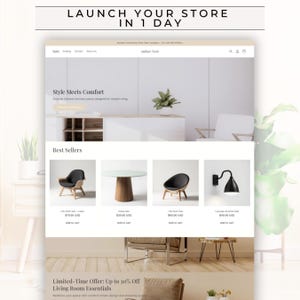 May include: A website interface for Amber Nest featuring the text Launch Your Store In 1 Day. The page displays a navigation menu, a hero section with furniture, and a Best Sellers grid showing a chair, table, bowl chair, and wall light.
