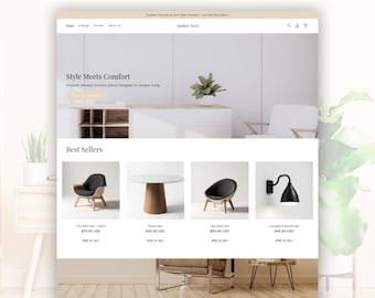 Könnte beinhalten: Eine Website-Oberfläche für Amber Nest mit dem Text Launch Your Store In 1 Day. Die Seite zeigt ein Navigationsmenü, einen Hauptbereich mit Möbeln und ein Best Sellers-Raster mit einem Stuhl, einem Tisch, einem Schalensessel und einer Wandleuchte.