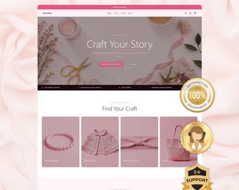 May include: A website template design titled Launch Your Store in 1 Day featuring a pink color scheme. The layout displays a hero section with the text Craft Your Story, followed by a Find Your Craft section with four product categories.