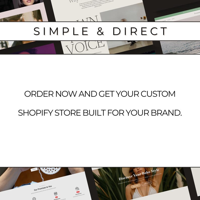 May include: White background with the text "SIMPLE & DIRECT VOICE". Below, the text reads "ORDER NOW AND GET YOUR CUSTOM SHOPIFY STORE BUILT FOR YOUR BRAND.". The image also includes website screenshots.