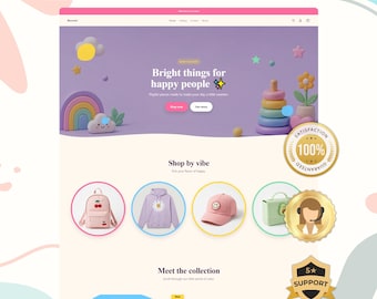 May include: A website template design featuring the text LAUNCH YOUR STORE IN 1 DAY at the top. The page displays a purple hero section with a rainbow, stacked rings, and the text Bright things for happy people. Below are circular product icons for a backpack, hoodie, cap, and bag, followed by a collection section.