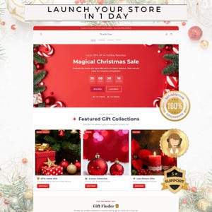 May include: A website mockup for a holiday sale, featuring a red and white color scheme with Christmas decorations. The text reads "Magical Christmas Sale" with a countdown timer and featured gift collections.