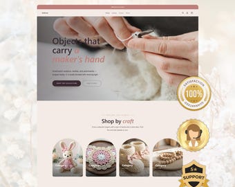 May include: A website landing page template titled Launch Your Store in 1 Day, featuring a hero section with text Objects that carry a maker's hand, a Shop by craft section with four circular images of a plush bunny, crochet lace, booties, and beads.