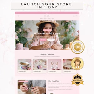 Könnte beinhalten: Ein Website-Mockup für Lily & Co. mit einem sanften Rosa- und Weiß-Farbschema. Die Seite präsentiert handgefertigte Artikel mit dem Text "STARTE DEINEN SHOP IN 1 TAG" oben. Die Seite enthält einen Bereich "Nach Kollektion shoppen" und Kundensupport-Badges.