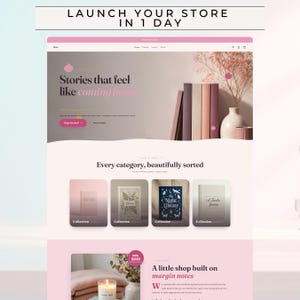 May include: A website template design featuring a hero section with the text Stories that feel like coming home, a shop by category section with four book collection cards, and an about section with the text A little shop built on margin notes.