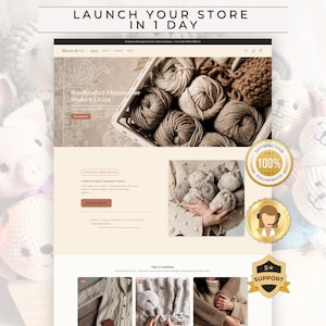 May include: A website mockup for Bloom & Co. displays a landing page with the text "LAUNCH YOUR STORE IN 1 DAY." The site showcases handcrafted items, including yarn and knitwear. The page includes a "100% Satisfaction Guaranteed" badge and a "5-Star Support" badge.