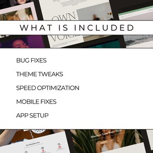K&ouml;nnte beinhalten: Eine digitale Marketinggrafik mit dem Text &bdquo;WAS ENTHALTEN IST&ldquo; und einer Liste von Dienstleistungen: Fehlerbehebungen, Theme-Anpassungen, Geschwindigkeitsoptimierung, Mobile Fixes und App-Einrichtung. Das Bild enth&auml;lt auch Website-Mockups.