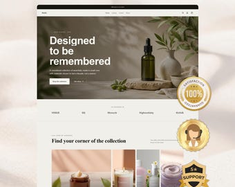 May include: A website template design featuring the text LAUNCH YOUR STORE IN 1 DAY at the top. The layout includes a hero section with a dark glass bottle, a product category section with skincare jars, candles, and bottles, and three gold badges.
