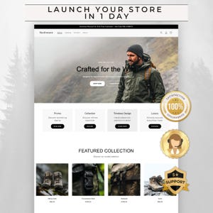 Puede incluir: Una maqueta de sitio web con el texto "LAUNCH YOUR STORE IN 1 DAY" en la parte superior. El sitio presenta a un hombre con equipo para actividades al aire libre, un banner "Crafted for the Wild" y categorías de productos. Incluye una insignia de "100% Satisfacción Garantizada".
