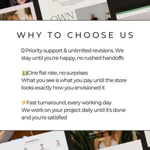 May include: White background with the text "WHY TO CHOOSE US". The text highlights priority support, a flat rate, and fast turnaround. The image also includes the text "OWN" at the top.
