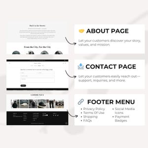 May include: A website design with three sections: About Page, Contact Page, and Footer Menu. The About Page section includes text and a heart icon. The Contact Page has a form and an envelope icon. The Footer Menu lists links and icons.