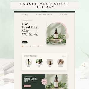 Op de afbeelding: Een website landingspagina sjabloon getiteld LAUNCH YOUR STORE IN 1 DAY met de merknaam LUMORA, de tekst Live Beautifully. Shop Effortlessly., een Shop by Category sectie en een Spring Sale is Live banner met een 40% off cirkelvormige afbeelding.