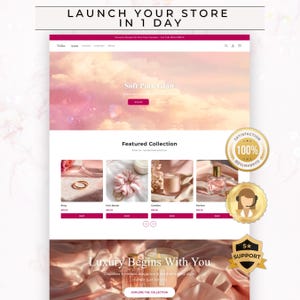 May include: A website design with a soft pink color scheme. The top banner reads "LAUNCH YOUR STORE IN 1 DAY." Featured products include a ring, hair bands, candles, and perfume. The website promotes luxury and timeless elegance.