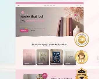 May include: A website mockup titled LAUNCH YOUR STORE IN 1 DAY featuring a pink and beige color palette. The page displays book collections, a hero section with text Stories that feel like coming home, and three gold circular badges for support.