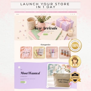 May include: A website landing page template featuring a pastel color scheme, a hero section with a mug, gift box, and notebooks, a categories section with four square images, and a featured collection section with a pouch labeled good things take time.