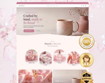 May include: A website template design titled Amethyst Dream featuring a soft pink color palette. The layout includes a hero section with a ceramic mug, product categories for mugs, jewelry, and perfume, and promotional badges for satisfaction.