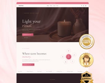May include: A website template design featuring the text Launch Your Store In 1 Day at the top. The layout includes a hero section with a lit candle, the text Light your ritual, and a section titled Where scent becomes memory with icons.
