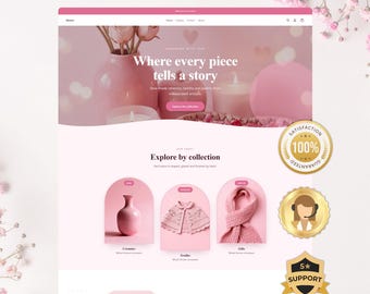 May include: A website landing page template featuring a pink color scheme with the text LAUNCH YOUR STORE IN 1 DAY. The page displays sections titled Where every piece tells a story, Explore by collection, and includes icons for ceramics and textiles.