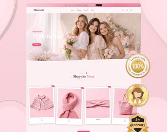 May include: A pink website design with the text "LAUNCH YOUR STORE IN 1 DAY" at the top. The website features images of women and pink clothing items, including a cape, scarf, and headband. The website also has a "100% Satisfaction Guaranteed" badge.
