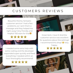 May include: A webpage screenshot displaying customer reviews. The text "CUSTOMERS REVIEWS" is at the top. Several customer testimonials are shown, each with a 5-star rating. The reviews praise the theme, customer service, and developer support.
