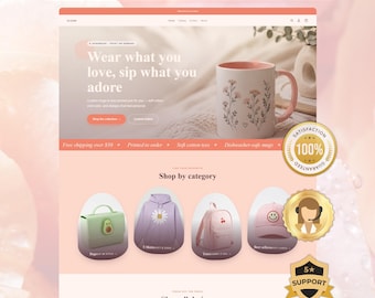 May include: A website interface titled Launch Your Store In 1 Day featuring a hero section with a pink and white mug, followed by a Shop by category section displaying a green bag, a purple hoodie, a pink backpack, and a pink cap with gold badges.