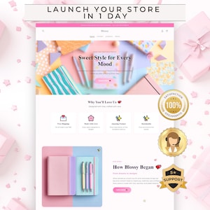 Op de afbeelding: Een website-ontwerp met de tekst "LAUNCH YOUR STORE IN 1 DAY" bovenaan. De website heeft een roze en pastelkleurenschema, met de merknaam "Blossy" en de slogan "Sweet Style for Every Mood".