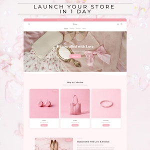 May include: A website interface titled Launch Your Store in 1 Day featuring a Pixie brand header, a hero section with a handbag, mirror, and bow, and a Shop by Collection area displaying pink jewelry, a tote bag, and a bracelet.