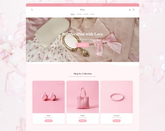 May include: A website interface titled Launch Your Store in 1 Day featuring a Pixie brand header, a hero section with a handbag, mirror, and bow, and a Shop by Collection area displaying pink jewelry, a tote bag, and a bracelet.