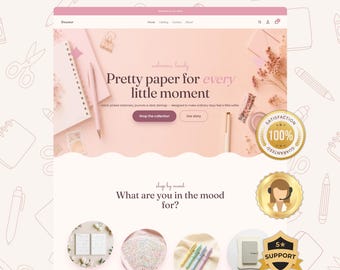 May include: A website template interface featuring a soft peach color palette with the text "LAUNCH YOUR STORE IN 1 DAY" at the top. The page displays stationery products, including journals, stickers, pens, and cards, with gold-toned badges.