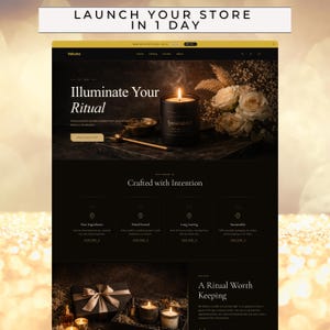 Könnte beinhalten: Eine Website-Landingpage für Velune mit einer schwarzen Kerze und dem Text Illuminate Your Ritual, Crafted with Intention sowie A Ritual Worth Keeping. Das Layout enthält Produktbilder von Kerzen, Geschenkboxen und weißen Blumenarrangements.