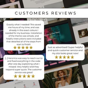 May include: A webpage screenshot displaying customer reviews. The text "CUSTOMERS REVIEWS" is at the top. Reviews include star ratings and comments like "Exactly what I needed!" and "Super helpful." The page also features a "Discover Your Boho Style" section.