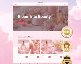 May include: A website design with a pink and white color scheme, featuring the text "LAUNCH YOUR STORE IN 1 DAY" and "Bloom into Beauty." The site showcases beauty products like perfume and serums, with icons for support and satisfaction.