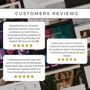 K&ouml;nnte beinhalten: Screenshot einer Webseite mit Kundenbewertungen. Der Titel lautet "CUSTOMERS REVIEWS". Mehrere Kundenbewertungen sind zu sehen, jede mit einer 5-Sterne-Bewertung. Die Bewertungen loben das Theme und den Kundenservice.