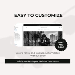 May include: A website interface with the text "EASY TO CUSTOMIZE" at the top. The website displays "Street Culture" with a black and white image. The text "DRAG AND DROP" is on a black starburst. Text below reads "Colors, fonts, and layouts customizable without code."