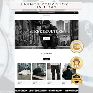 May include: A website mockup for "Street Culture" streetwear. The site features a black and white image of a person, with product images of athletic shoes, a baseball cap, cargo pants, and a hoodie. Text includes "Launch Your Store in 1 Day."
