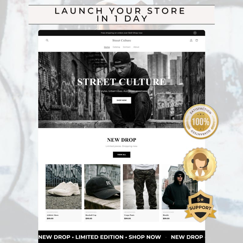 May include: A website mockup for "Street Culture" streetwear. The site features a black and white image of a person, with product images of athletic shoes, a baseball cap, cargo pants, and a hoodie. Text includes "Launch Your Store in 1 Day."