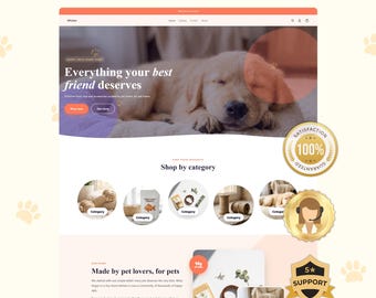 May include: A website landing page template for a pet store featuring the text LAUNCH YOUR STORE IN 1 DAY at the top. The design includes a hero section with a sleeping puppy, a Shop by category section with circular icons, and a section titled Made by pet lovers, for pets, accompanied by gold satisfaction and support badges.