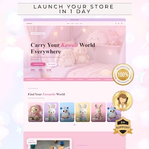 Może przedstawiać: Projekt strony internetowej w kolorze różowym i białym, prezentujący pluszowe zabawki. Tekst "LAUNCH YOUR STORE IN 1 DAY" znajduje się na górze. Strona promuje "Kawaii World" z różnymi pluszowymi zwierzętami i tekstem "Find Your Favourite World."