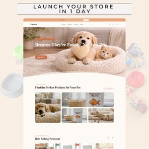 Op de afbeelding: Een website-interface voor FurNest met een golden retriever puppy en een rood kitten op een hondenmand. De pagina bevat de tekst 'LAUNCH YOUR STORE IN 1 DAY', 'Because They're Family, Not Just Pets' en 'Find the Perfect Products for Your Pet'.