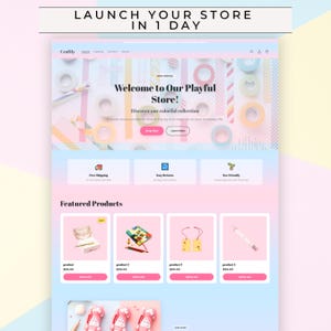 Peut inclure: Un modèle de site web intitulé Craftly avec une palette de couleurs pastel aux dégradés rose et bleu. L'en-tête affiche le texte Launch Your Store In 1 Day, Welcome to Our Playful Store, et une section de produits en vedette avec quatre articles.