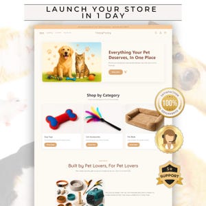Könnte beinhalten: Ein Website-Mockup für YappyPuppy, einen Online-Tierladen. Die Seite zeigt einen Golden Retriever und eine getigerte Katze mit Bereichen für Hundespielzeug, Katzenzubehör und Haustierbetten. Text enthält "STARTE DEINEN SHOP IN 1 TAG" und "Alles, was Ihr Haustier verdient, an einem Ort."