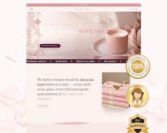May include: A website template design featuring a soft pink color palette, a candle on a plate, and stacked pink fabric. The text reads "LAUNCH YOUR STORE IN 1 DAY", "Made slowly, worn softly", and "We believe beauty should be felt in the hand". Includes gold badges.