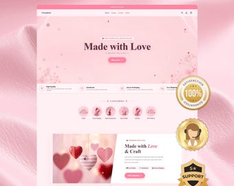 May include: A website template design featuring a light pink color scheme with the text LAUNCH YOUR STORE IN 1 DAY at the top. The page includes a header with Made with Love, a categories section, and a banner with Made with Love & Craft text.