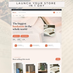 Op de afbeelding: Een website-interface voor de Ebulkz-boekhandel met de tekst LAUNCH YOUR STORE IN 1 DAY bovenaan. De pagina toont de kop The biggest bookstore in the whole world, navigatiemenu's, een zoekbalk en een sectie voor bestverkopende boeken.