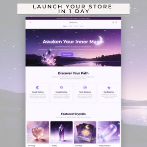 May include: A website interface for Moonvera featuring a purple night sky background with a crescent moon and crystals. Text includes LAUNCH YOUR STORE IN 1 DAY, Awaken Your Inner Magic, Discover Your Path, and Featured Crystals with product images.