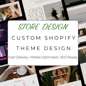 Op de afbeelding: Een witte rechthoek met de woorden "STORE DESIGN", "CUSTOM SHOPIFY" en "THEME DESIGN" in zwarte tekst. Daaronder staat "Fast Delivery • Mobile Optimized • SEO Ready". De afbeelding bevat ook website-mockups.