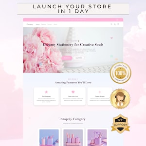 May include: A website design with a soft pink and white color scheme, promoting "Dreamy Stationery for Creative Souls." The site features a floral arrangement, product categories, and customer service badges. Text includes "Launch Your Store in 1 Day."